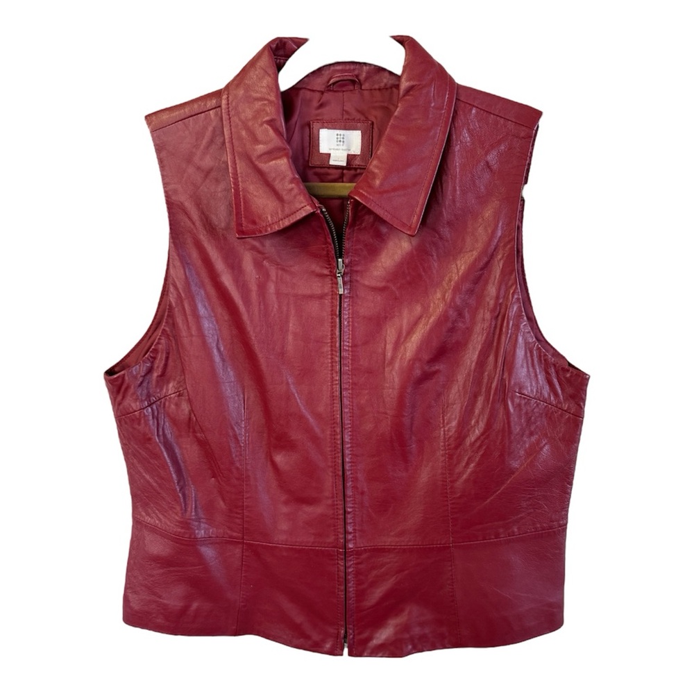 APT 9 Lambskin Leather Vest Y2K Zip Front Collared Red Women's L Classic Moto